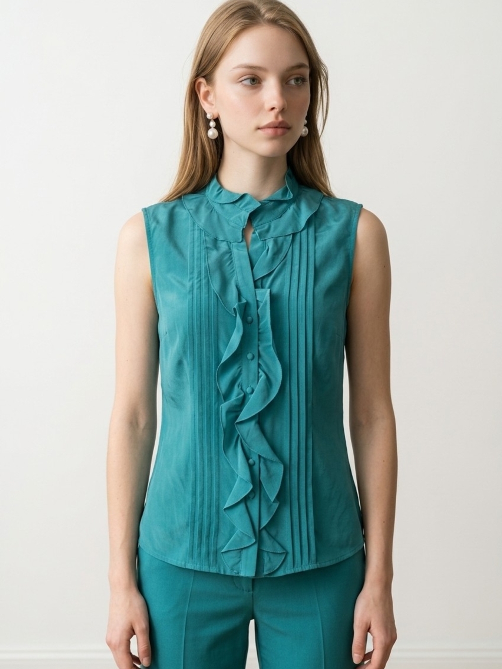 NWT Talbots Teal Silk Sleeveless Ruffle-Front Blouse sz 8P